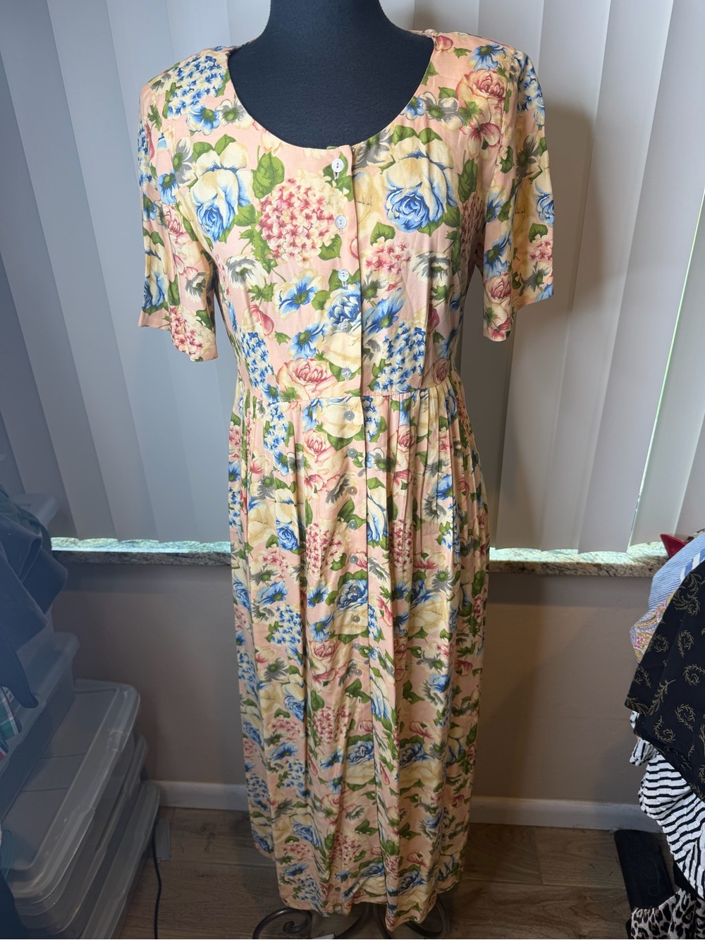 Vintage Liz Claiborne Prach Floral Button-Front Midi Dress Tie Back Size 8